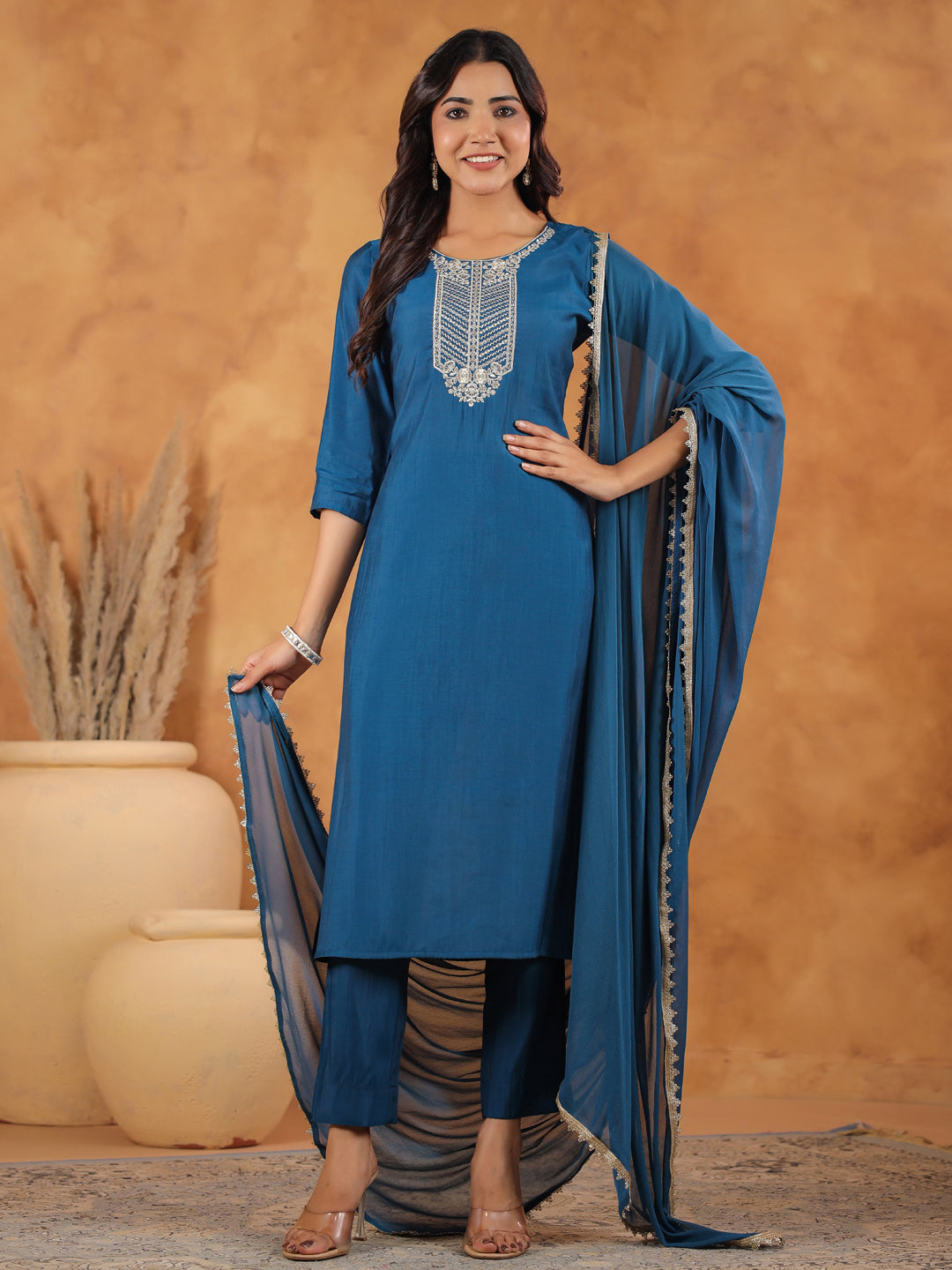 Janasya Dark Chanderi Yoke Embroidery Straight Kurta Set | Swadesiicart