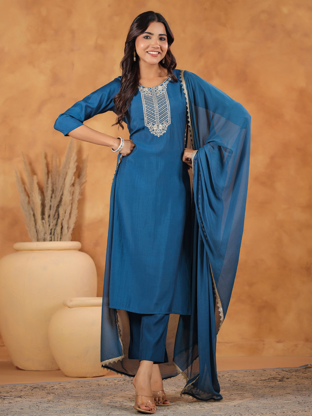 Janasya Dark Chanderi Yoke Embroidery Straight Kurta Set | Swadesiicart
