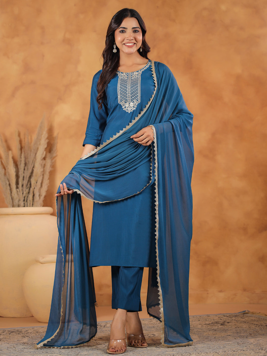 Janasya Dark Chanderi Yoke Embroidery Straight Kurta Set | Swadesiicart