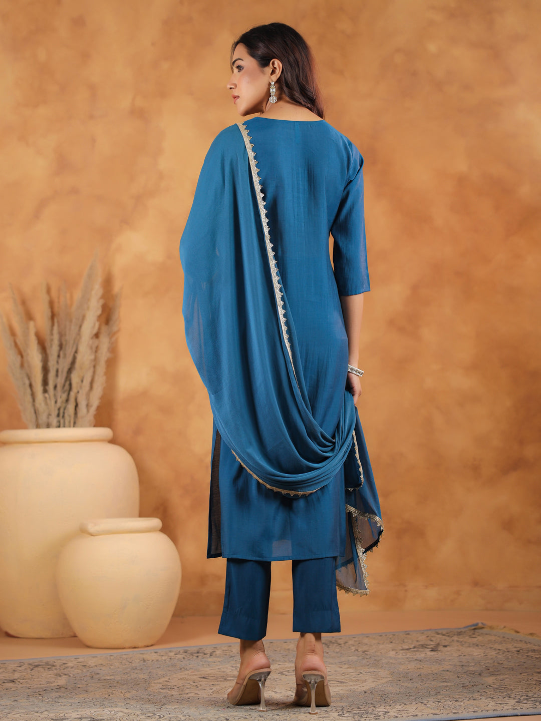 Janasya Dark Chanderi Yoke Embroidery Straight Kurta Set | Swadesiicart