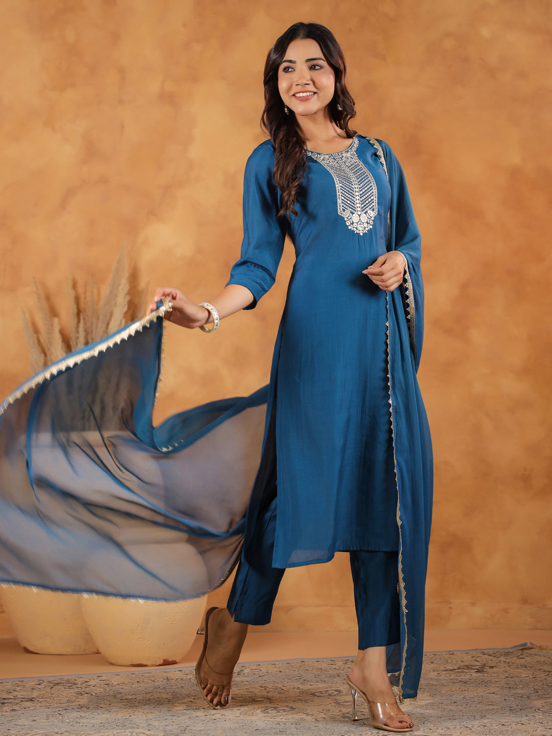 Janasya Dark Chanderi Yoke Embroidery Straight Kurta Set | Swadesiicart
