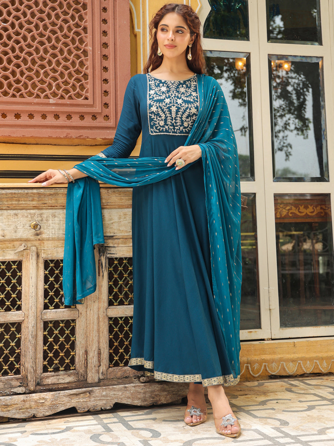 Janasya Dark Rayon Yoke Embroidery Anarkali Kurta Set | Swadesiicart