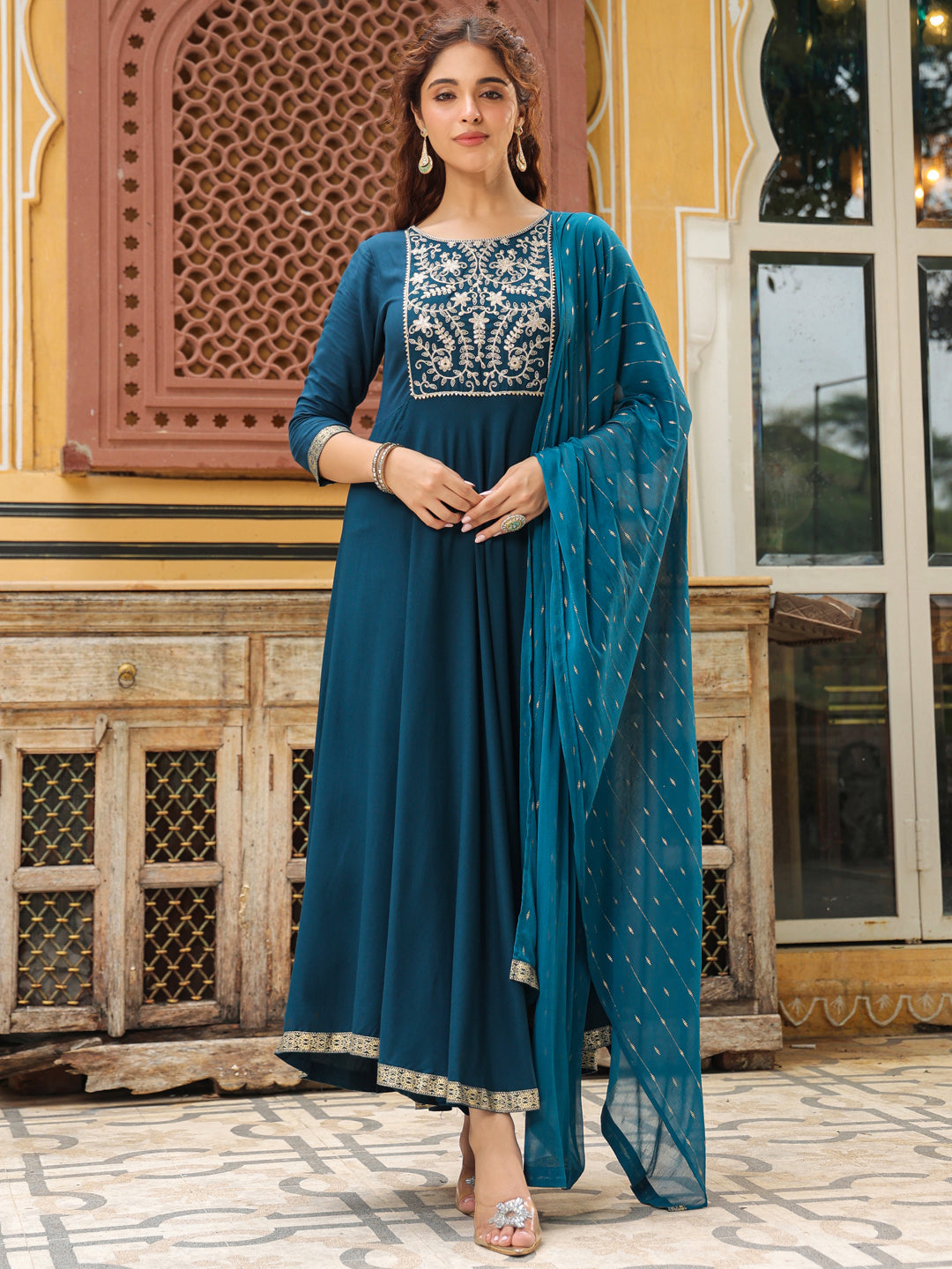 Janasya Dark Rayon Yoke Embroidery Anarkali Kurta Set | Swadesiicart