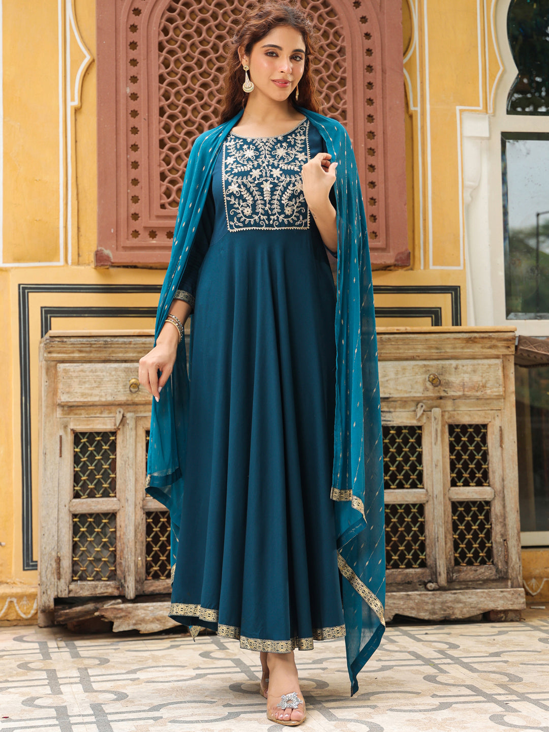 Janasya Dark Rayon Yoke Embroidery Anarkali Kurta Set | Swadesiicart