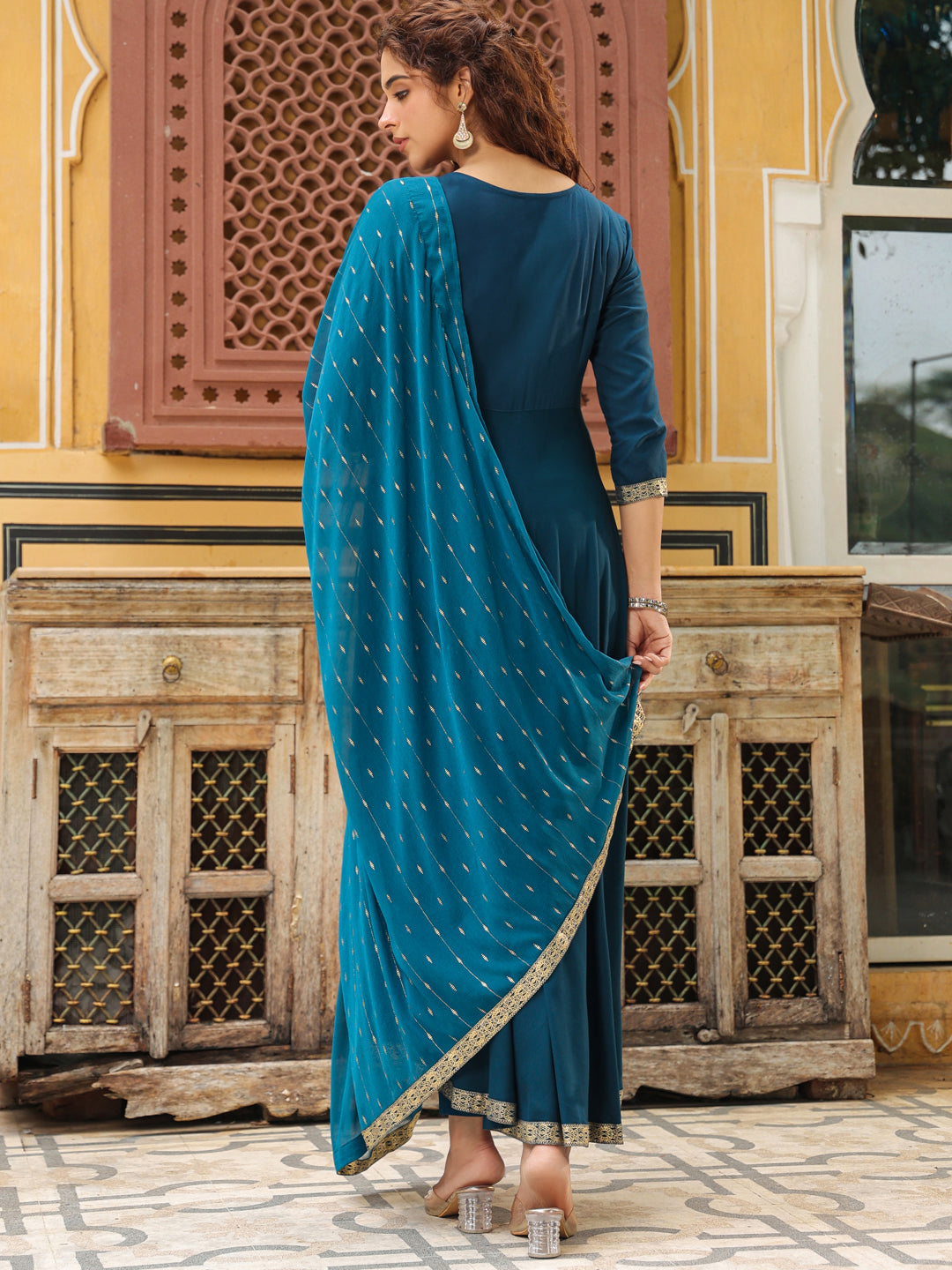 Janasya Dark Rayon Yoke Embroidery Anarkali Kurta Set | Swadesiicart