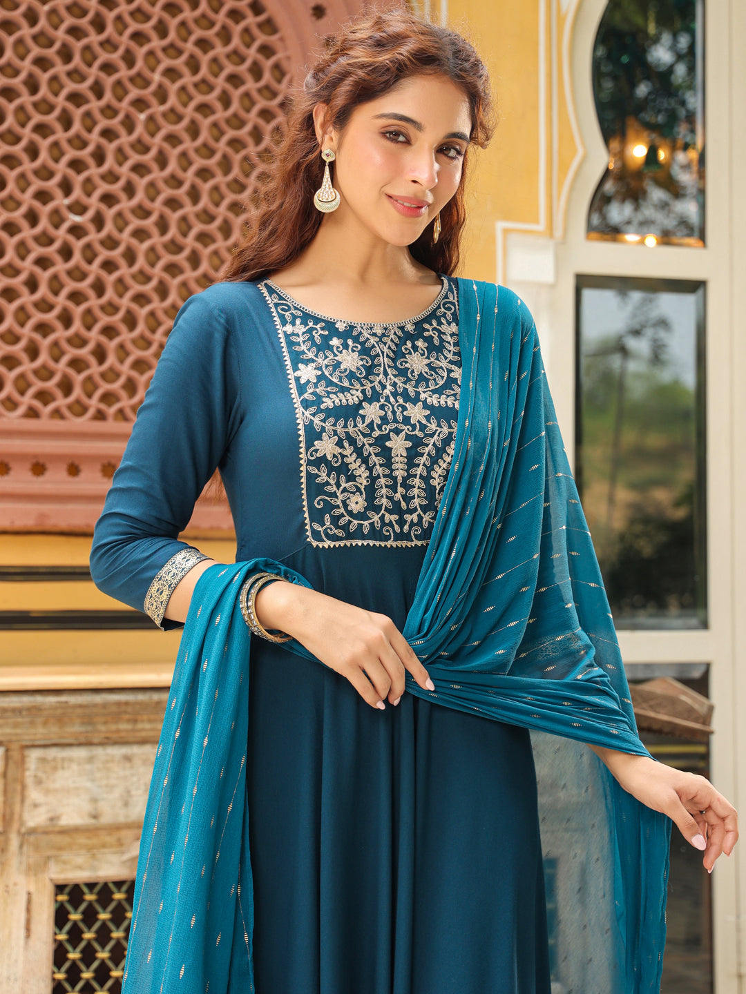 Janasya Dark Rayon Yoke Embroidery Anarkali Kurta Set | Swadesiicart