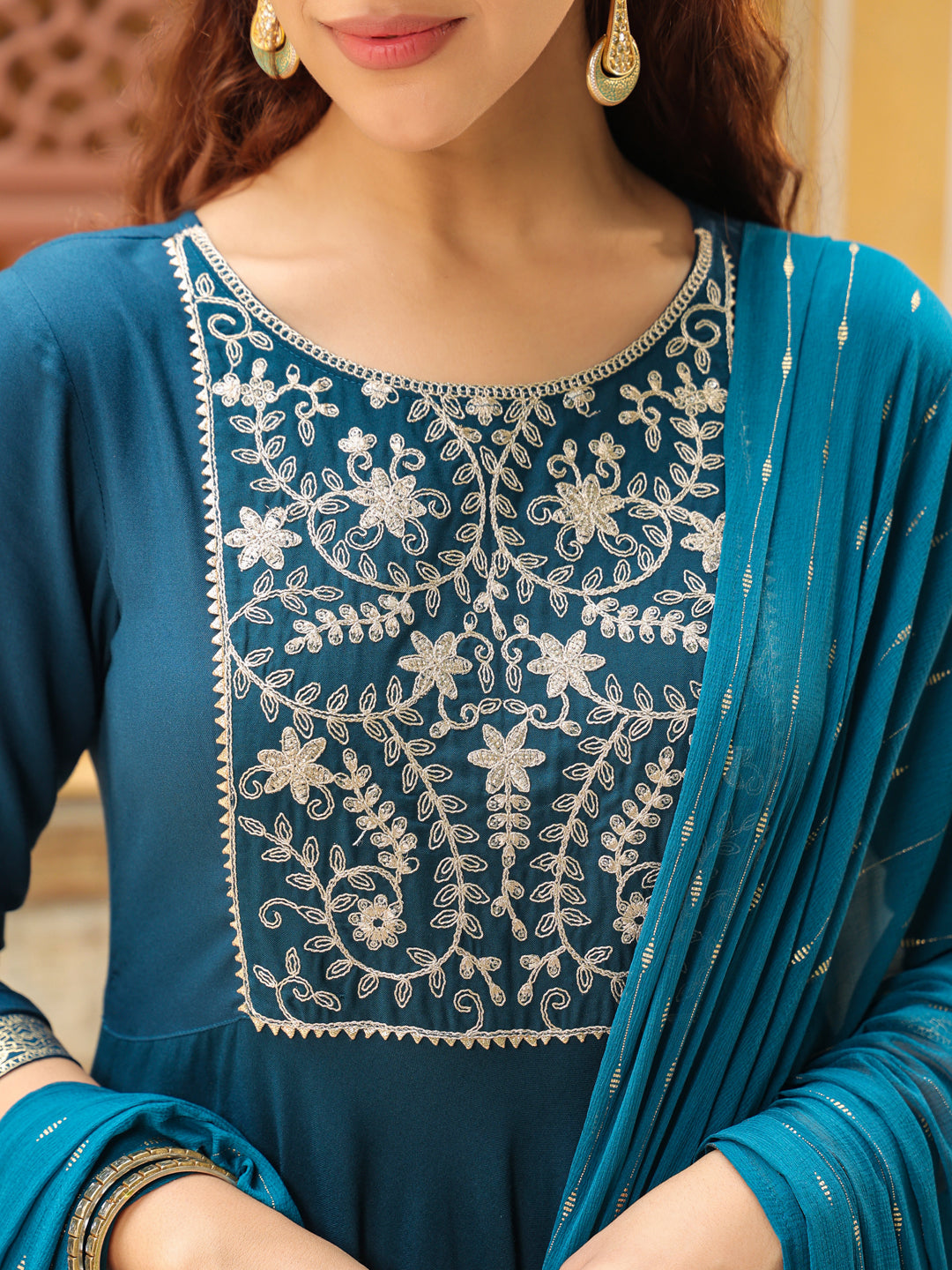 Janasya Dark Rayon Yoke Embroidery Anarkali Kurta Set | Swadesiicart