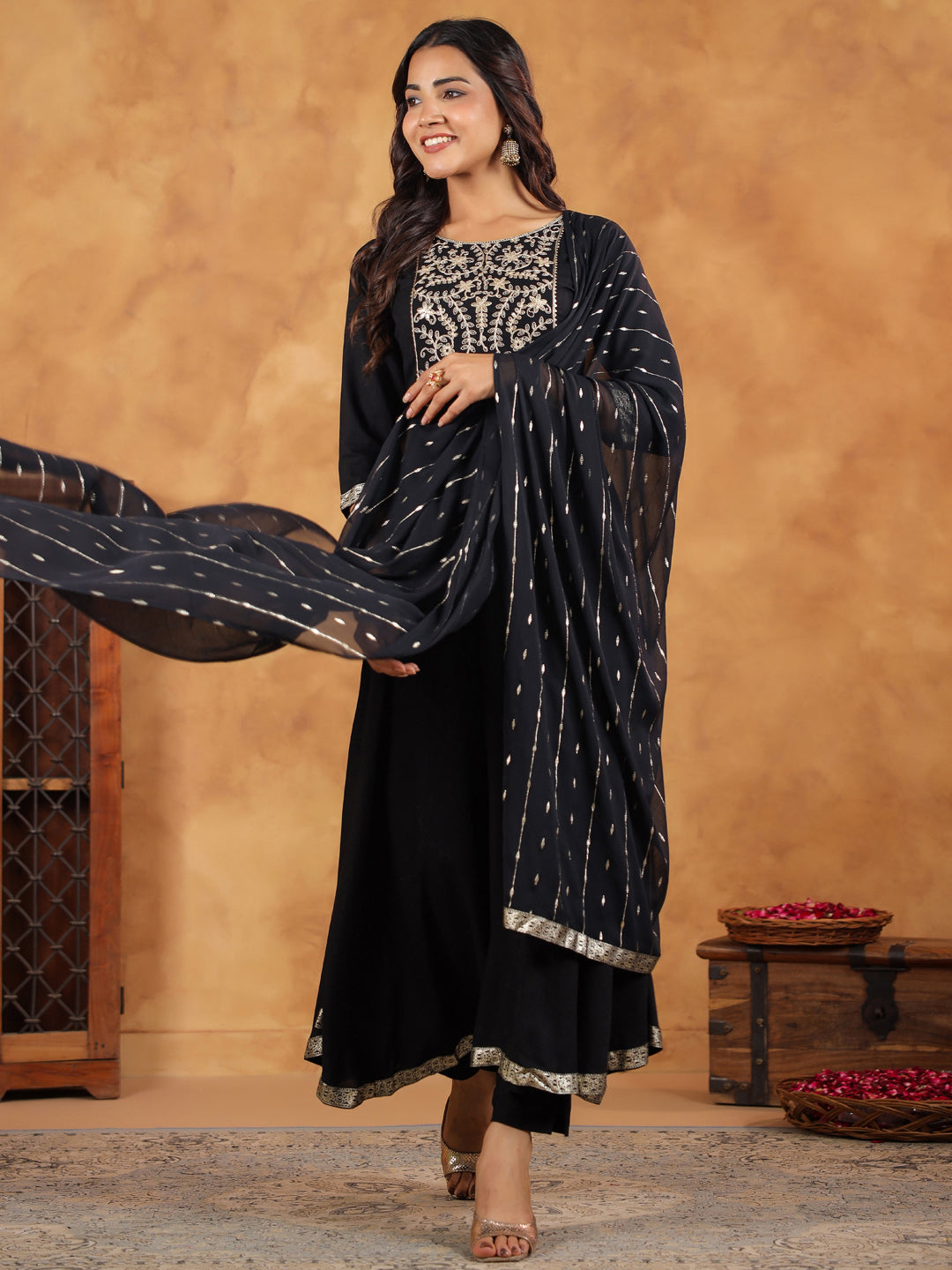 Janasya Black Rayon Embroidered Kurta,Bottom & Dupatta | Swadesiicart
