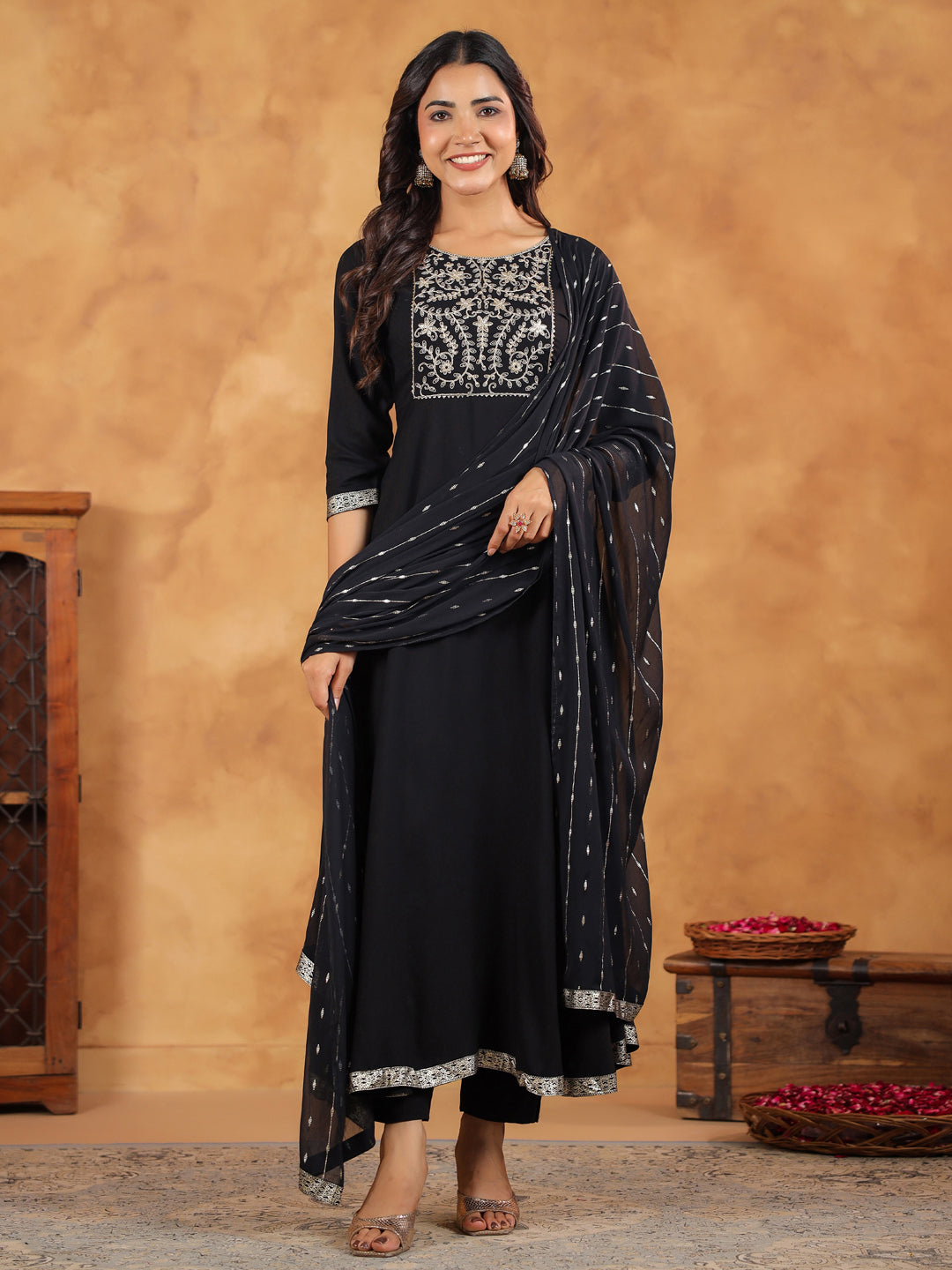 Janasya Black Rayon Embroidered Kurta,Bottom & Dupatta | Swadesiicart