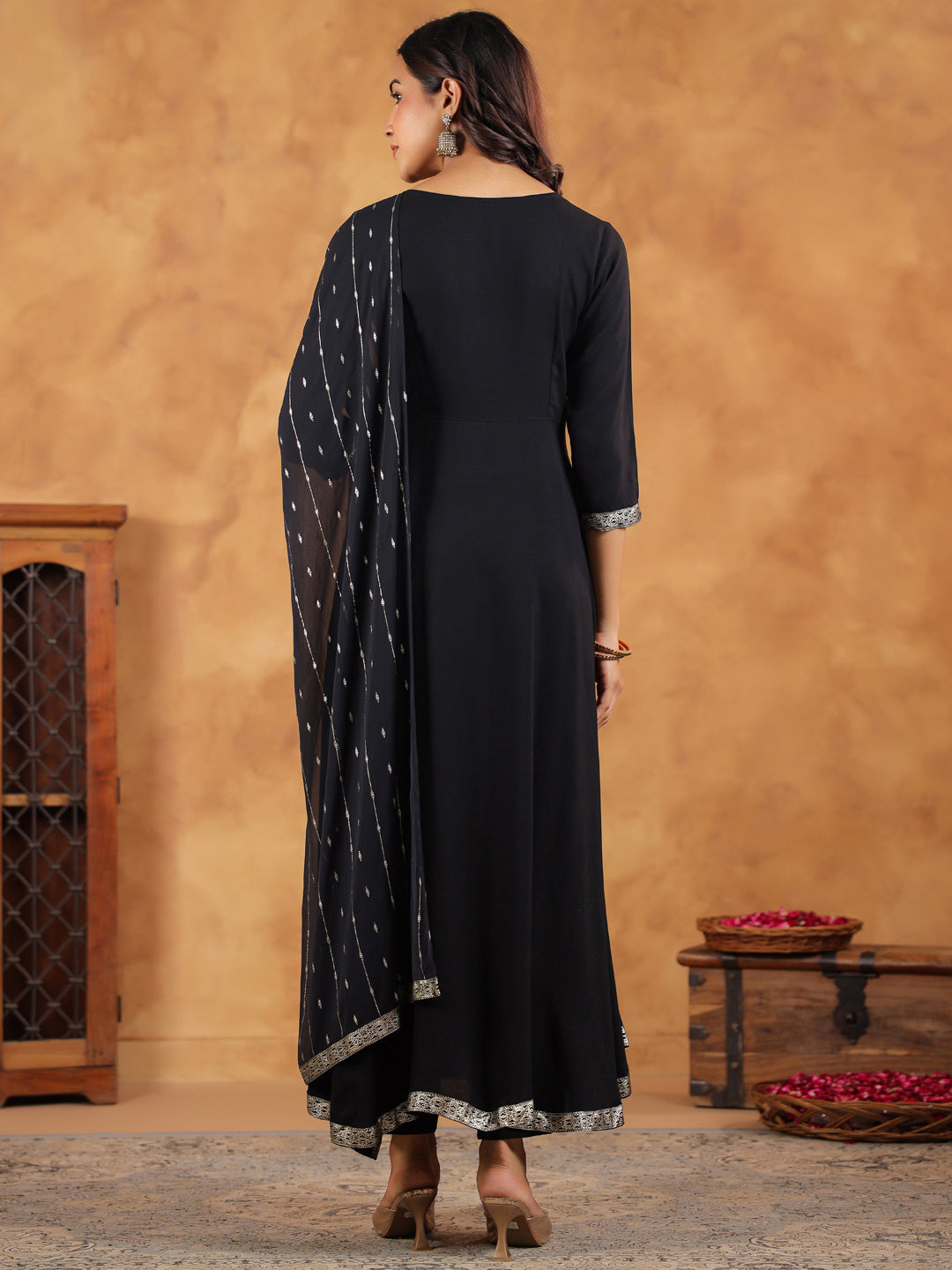 Janasya Black Rayon Embroidered Kurta,Bottom & Dupatta | Swadesiicart