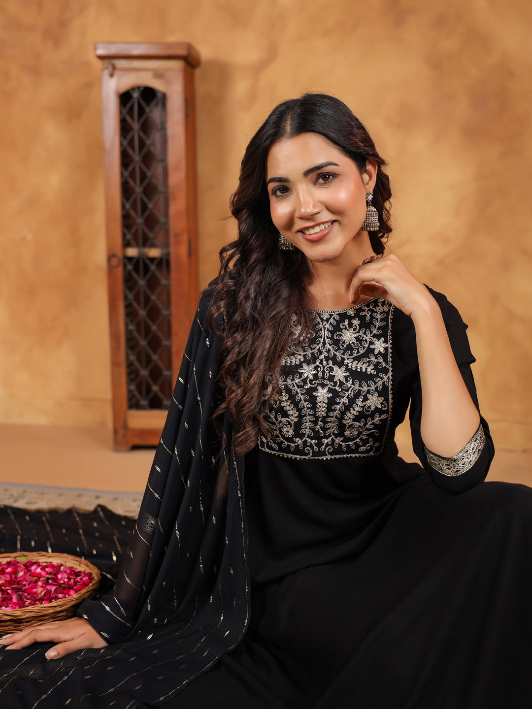 Janasya Black Rayon Embroidered Kurta,Bottom & Dupatta | Swadesiicart
