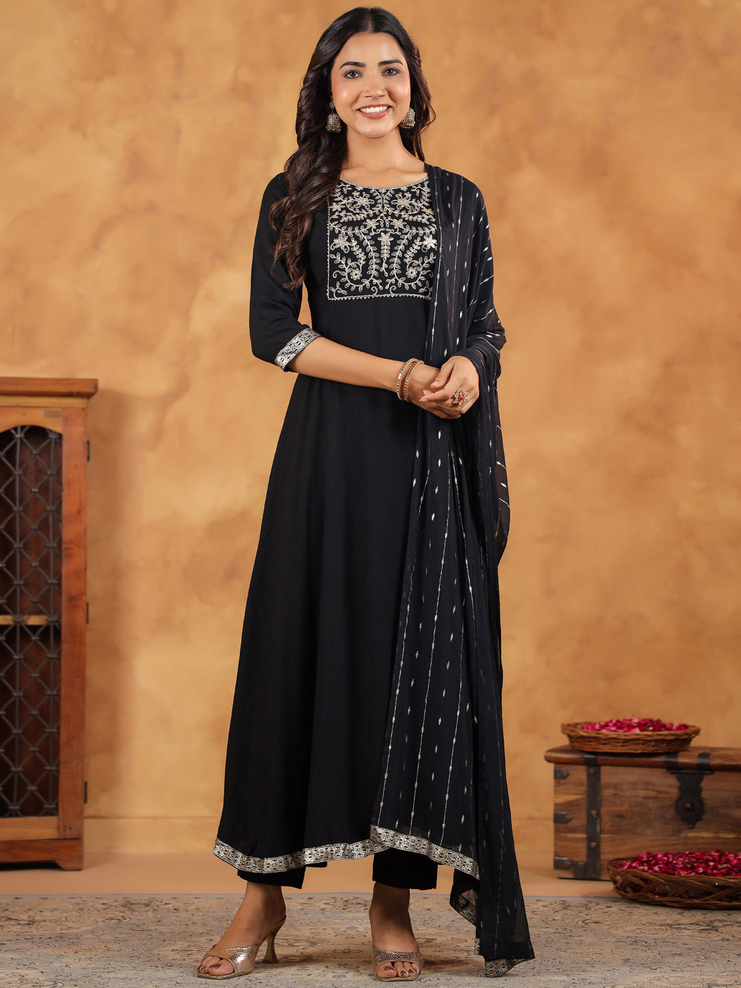 Janasya Black Rayon Embroidered Kurta,Bottom & Dupatta | Swadesiicart