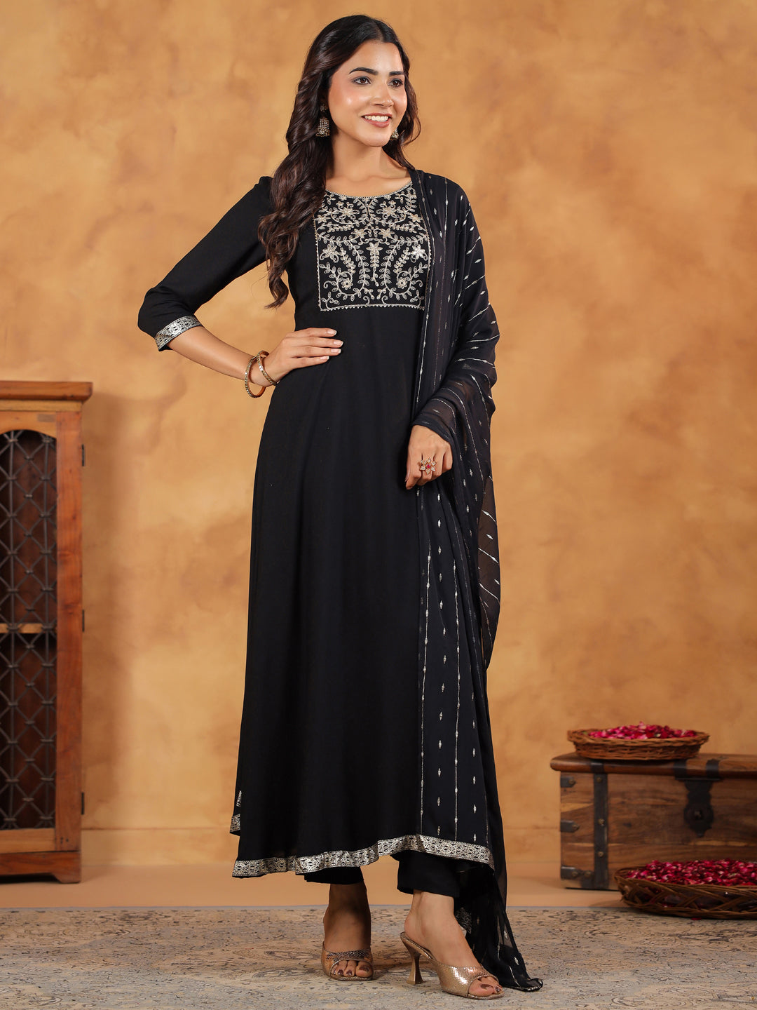 Janasya Black Rayon Embroidered Kurta,Bottom & Dupatta | Swadesiicart