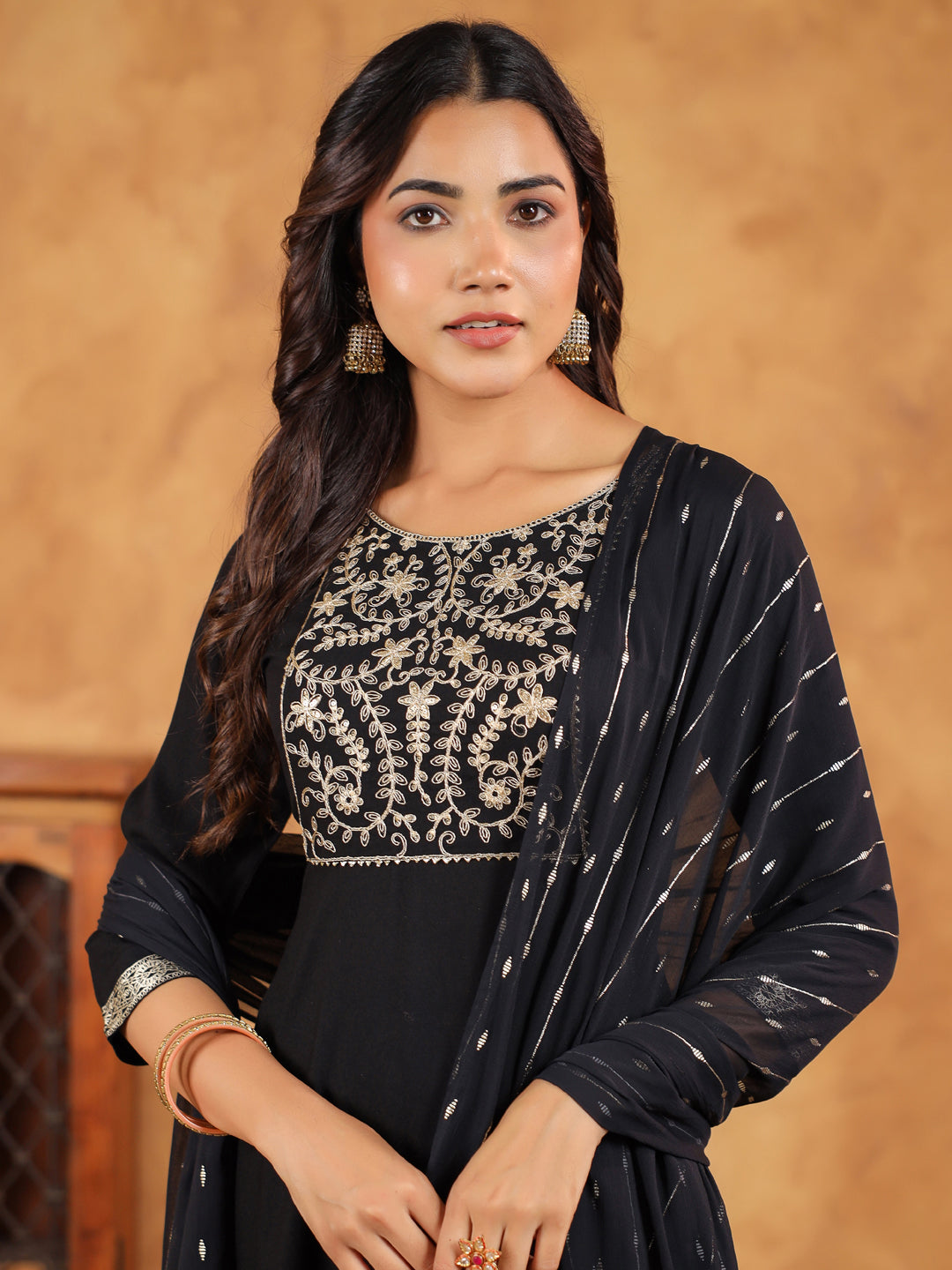 Janasya Black Rayon Embroidered Kurta,Bottom & Dupatta | Swadesiicart