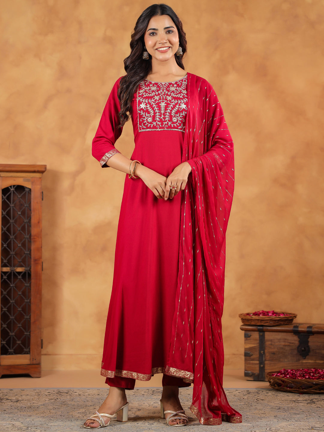 Janasya Pink Rayon Embroidered Kurta,Bottom & Dupatta | Swadesiicart