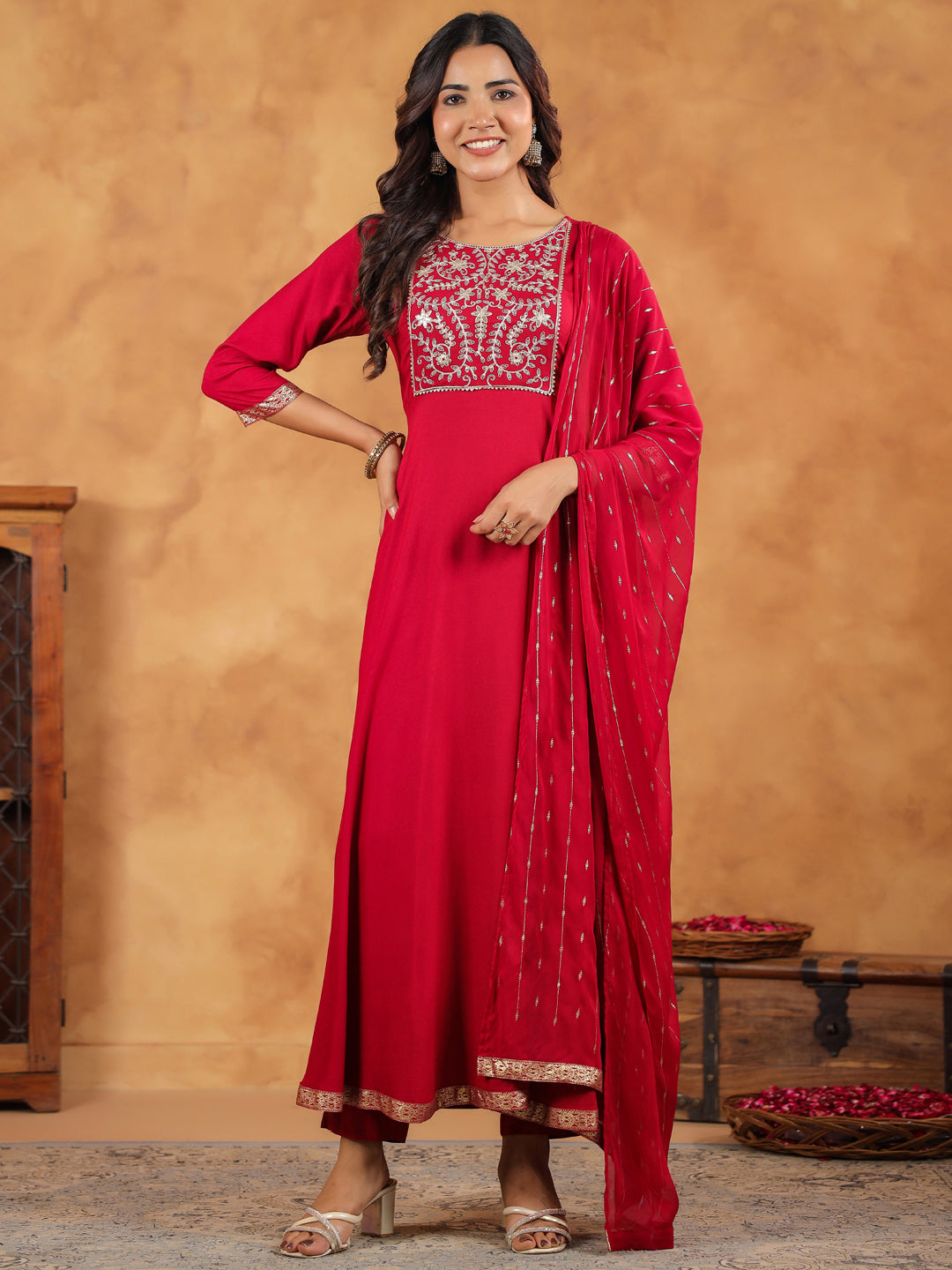 Janasya Pink Rayon Embroidered Kurta,Bottom & Dupatta | Swadesiicart