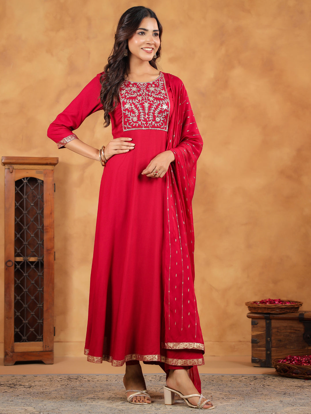 Janasya Pink Rayon Embroidered Kurta,Bottom & Dupatta | Swadesiicart