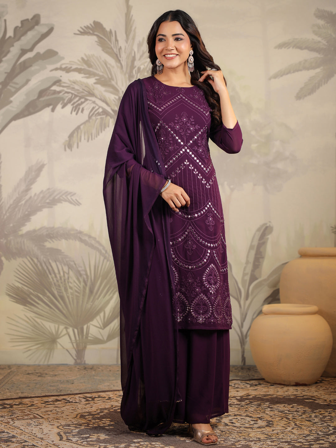Janasya Purple Weightless Georgette Embroidered Kurta,Bottom & Dupatta | Swadesiicart