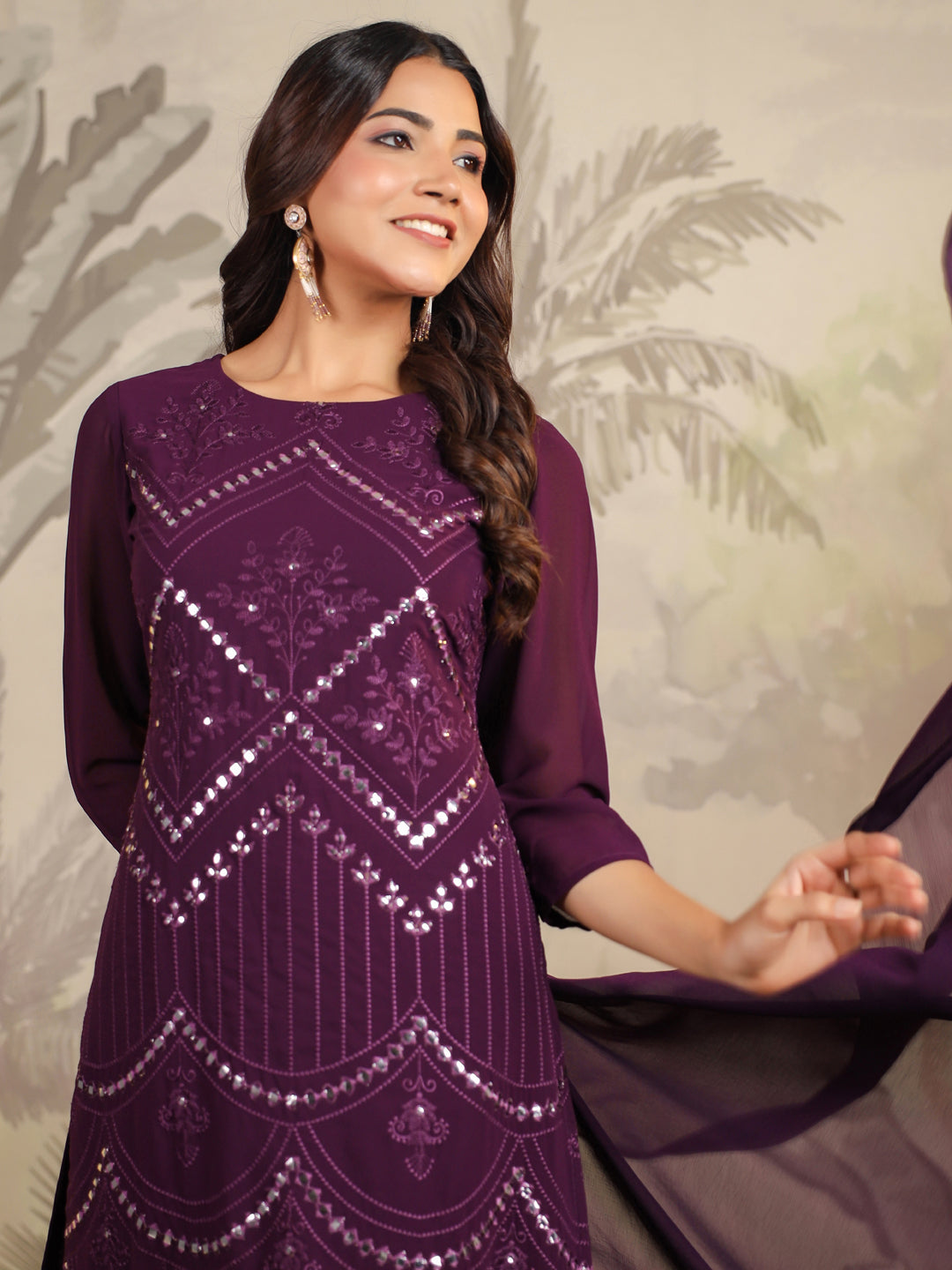 Janasya Purple Weightless Georgette Embroidered Kurta,Bottom & Dupatta | Swadesiicart