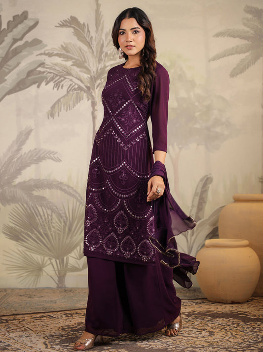 Janasya Purple Weightless Georgette Embroidered Kurta,Bottom & Dupatta | Swadesiicart