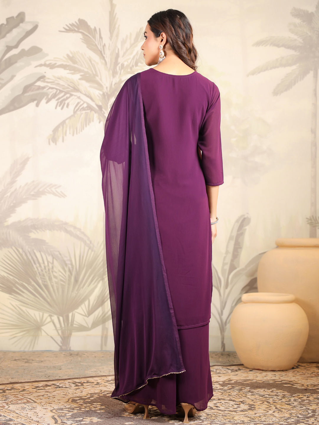 Janasya Purple Weightless Georgette Embroidered Kurta,Bottom & Dupatta | Swadesiicart