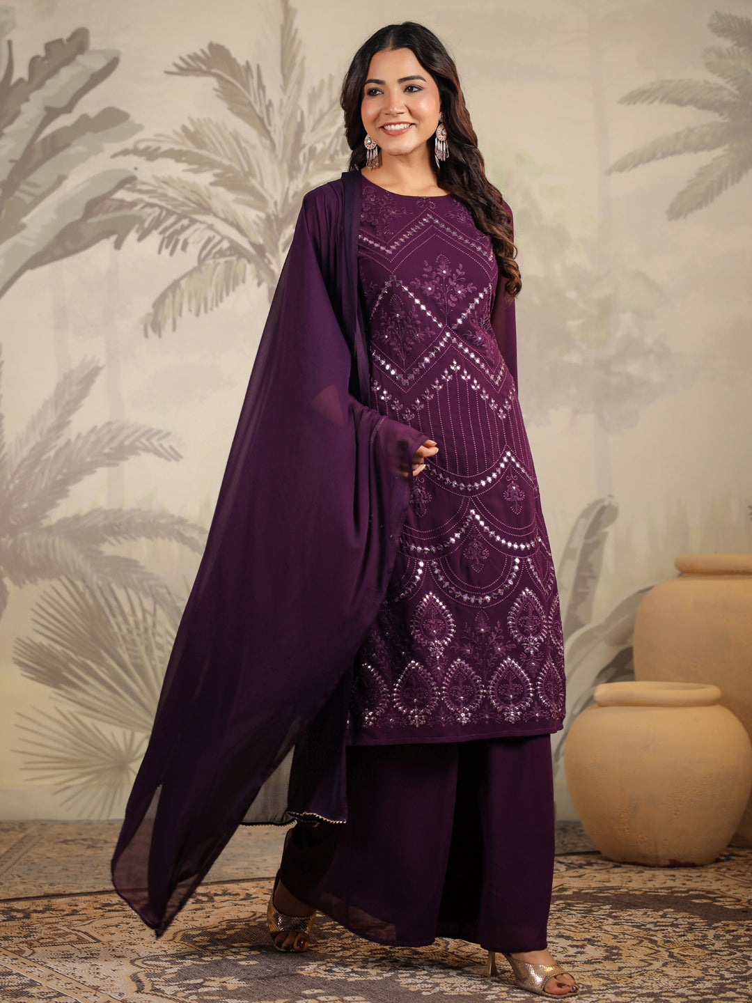 Janasya Purple Weightless Georgette Embroidered Kurta,Bottom & Dupatta | Swadesiicart