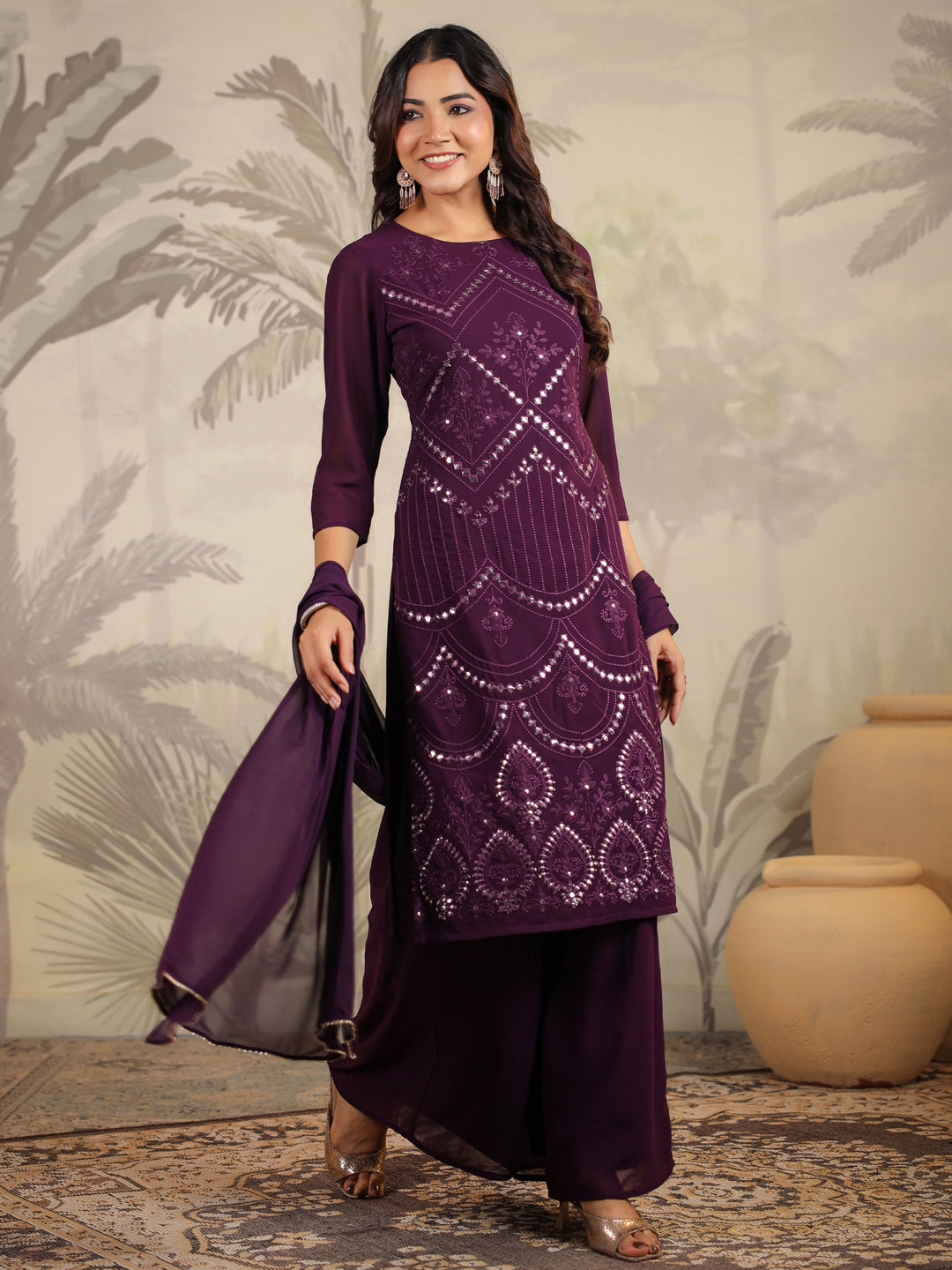 Janasya Purple Weightless Georgette Embroidered Kurta,Bottom & Dupatta | Swadesiicart