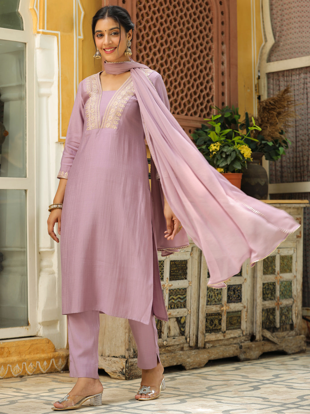 Janasya Lavender Premium Chinnon Embroidered Kurta,Bottom & Dupatta | Swadesiicart