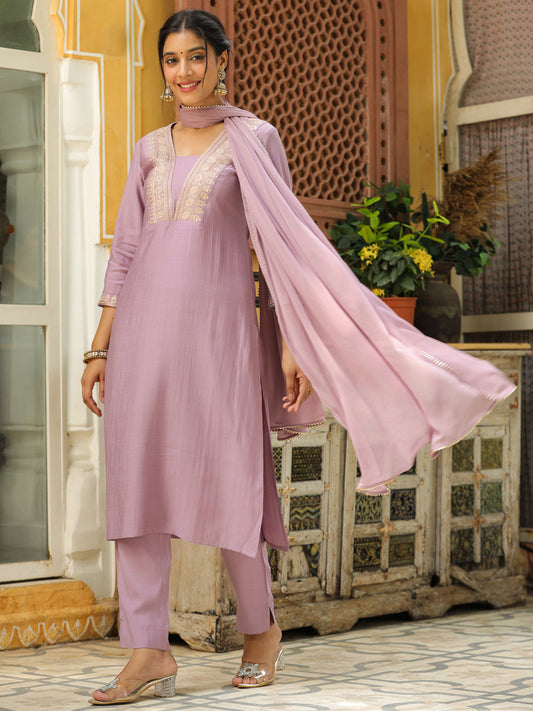 Janasya Lavender Premium Chinnon Embroidered Kurta,Bottom & Dupatta | Swadesiicart