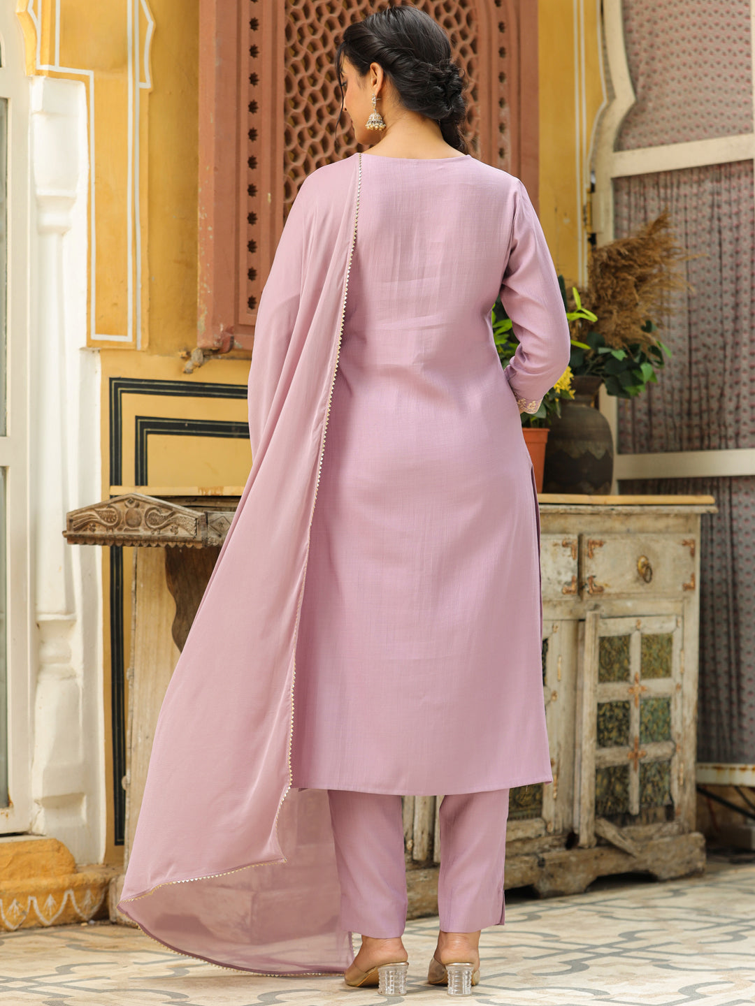 Janasya Lavender Premium Chinnon Embroidered Kurta,Bottom & Dupatta | Swadesiicart
