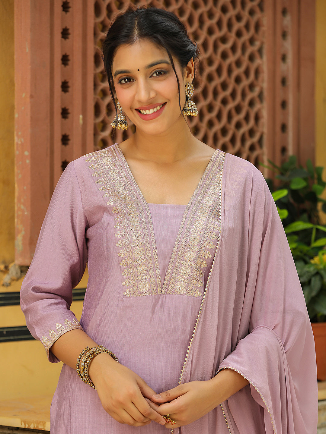 Janasya Lavender Premium Chinnon Embroidered Kurta,Bottom & Dupatta | Swadesiicart