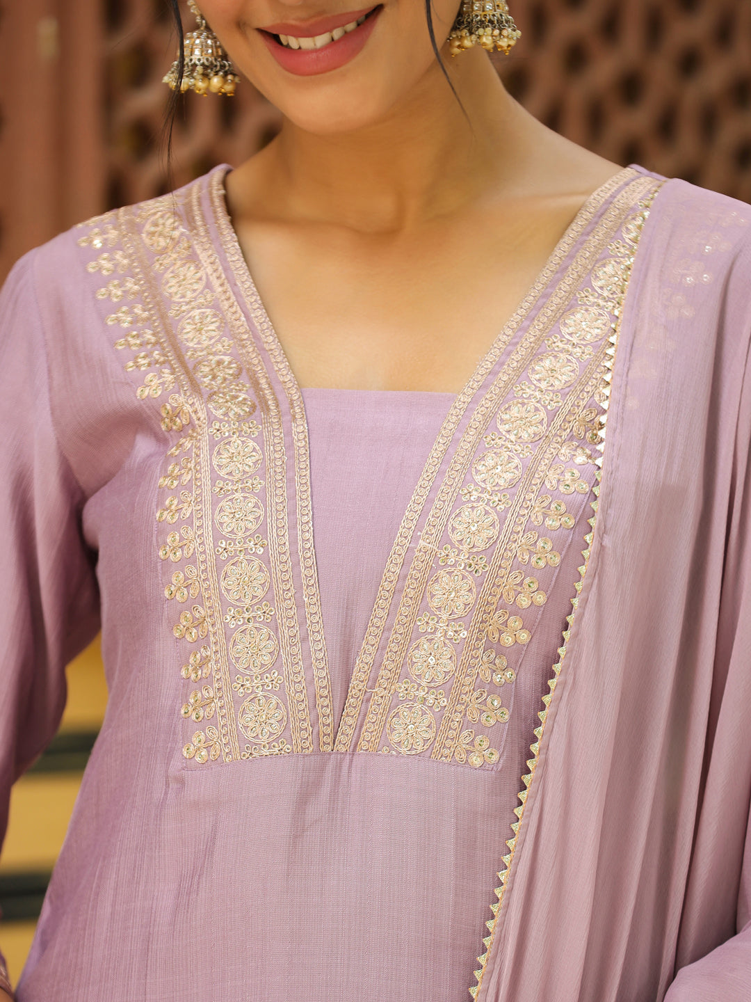 Janasya Lavender Premium Chinnon Embroidered Kurta,Bottom & Dupatta | Swadesiicart