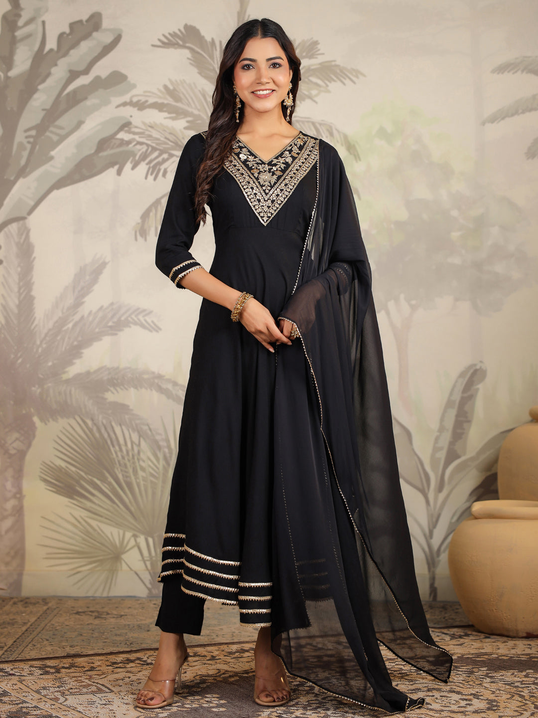 Janasya Dark Rayon Embroidered Anarkali Kurta Set | Swadesiicart