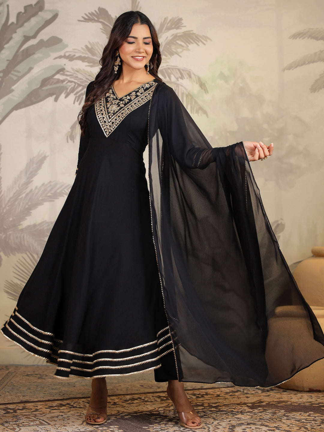 Janasya Dark Rayon Embroidered Anarkali Kurta Set | Swadesiicart