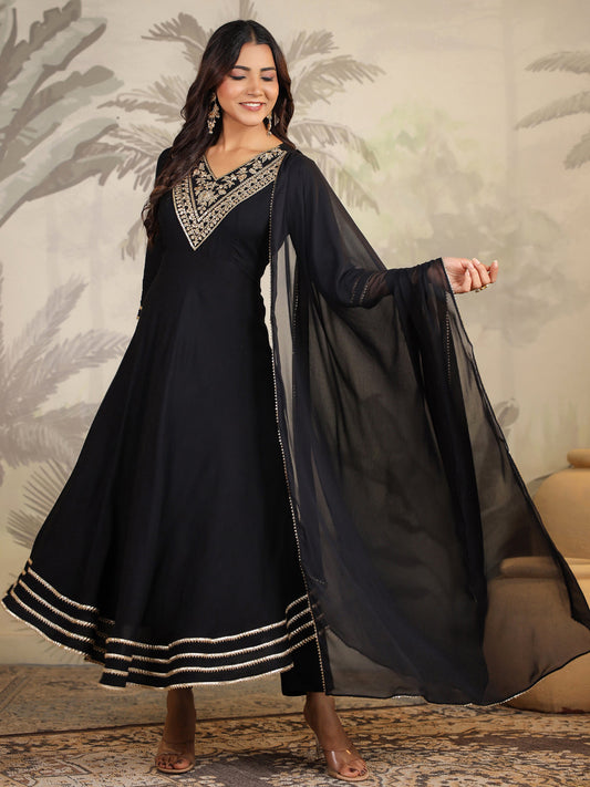 Janasya Dark Rayon Embroidered Anarkali Kurta Set | Swadesiicart