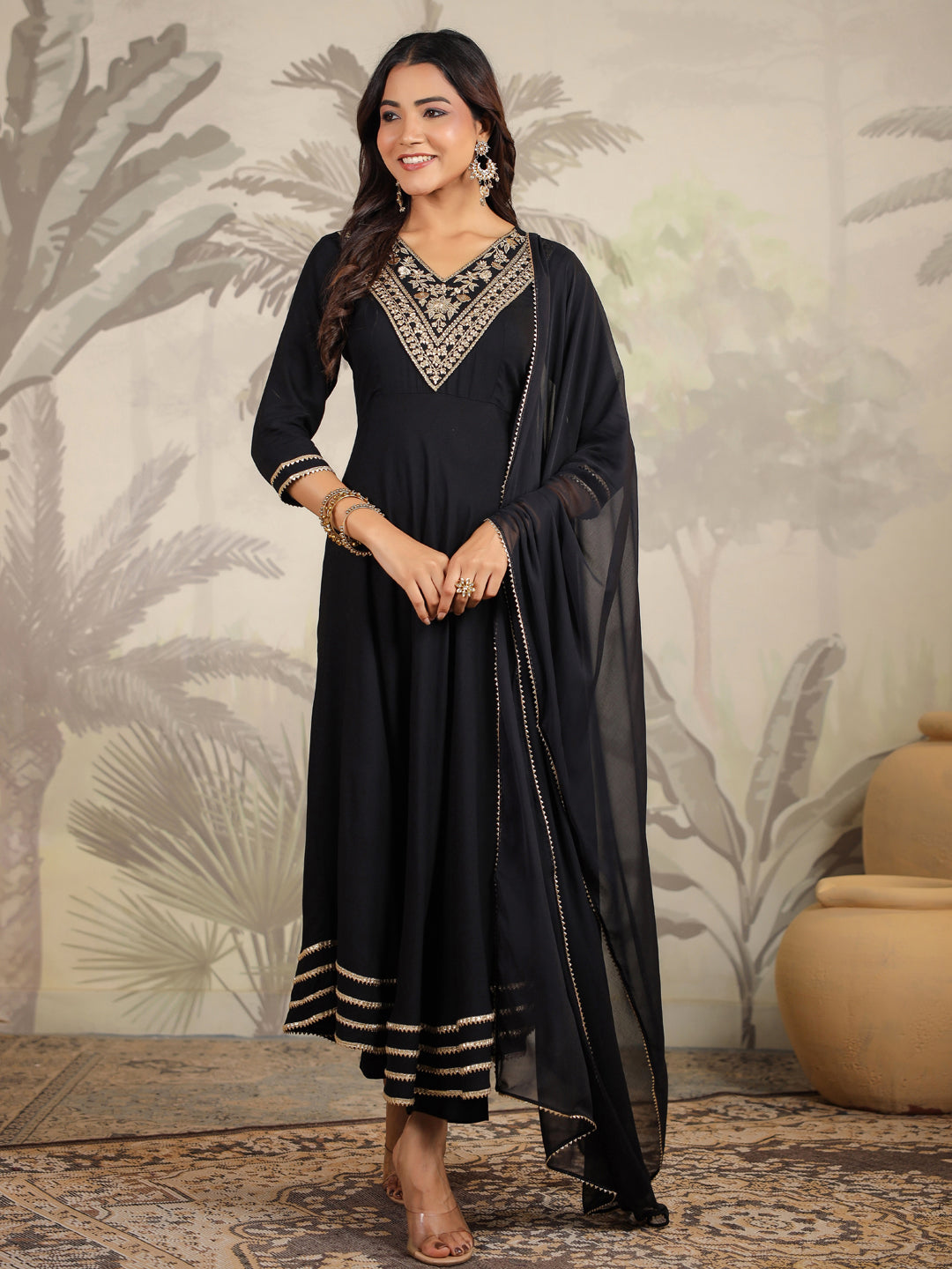 Janasya Dark Rayon Embroidered Anarkali Kurta Set | Swadesiicart