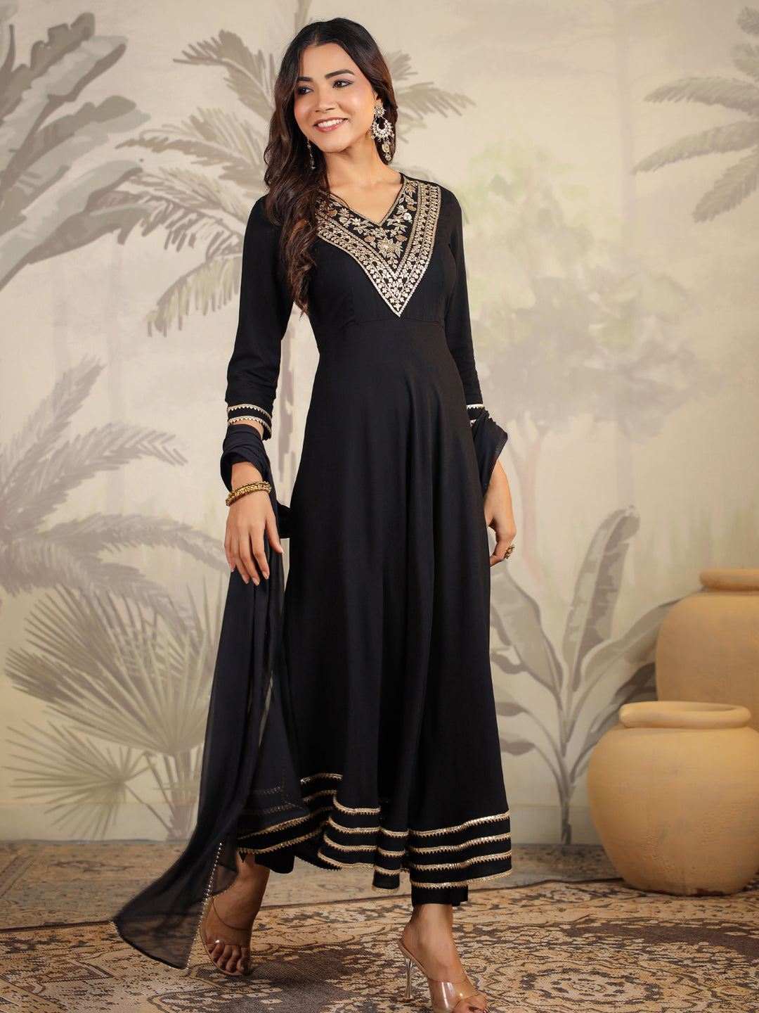 Janasya Dark Rayon Embroidered Anarkali Kurta Set | Swadesiicart