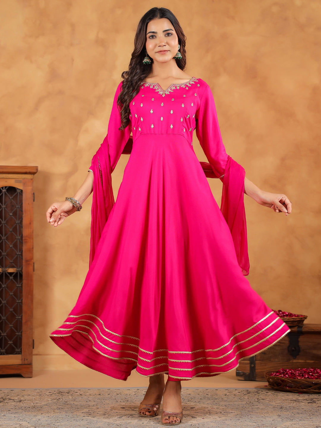 Janasya Dark Rayon Embroidered Anarkali Kurta Set | Swadesiicart