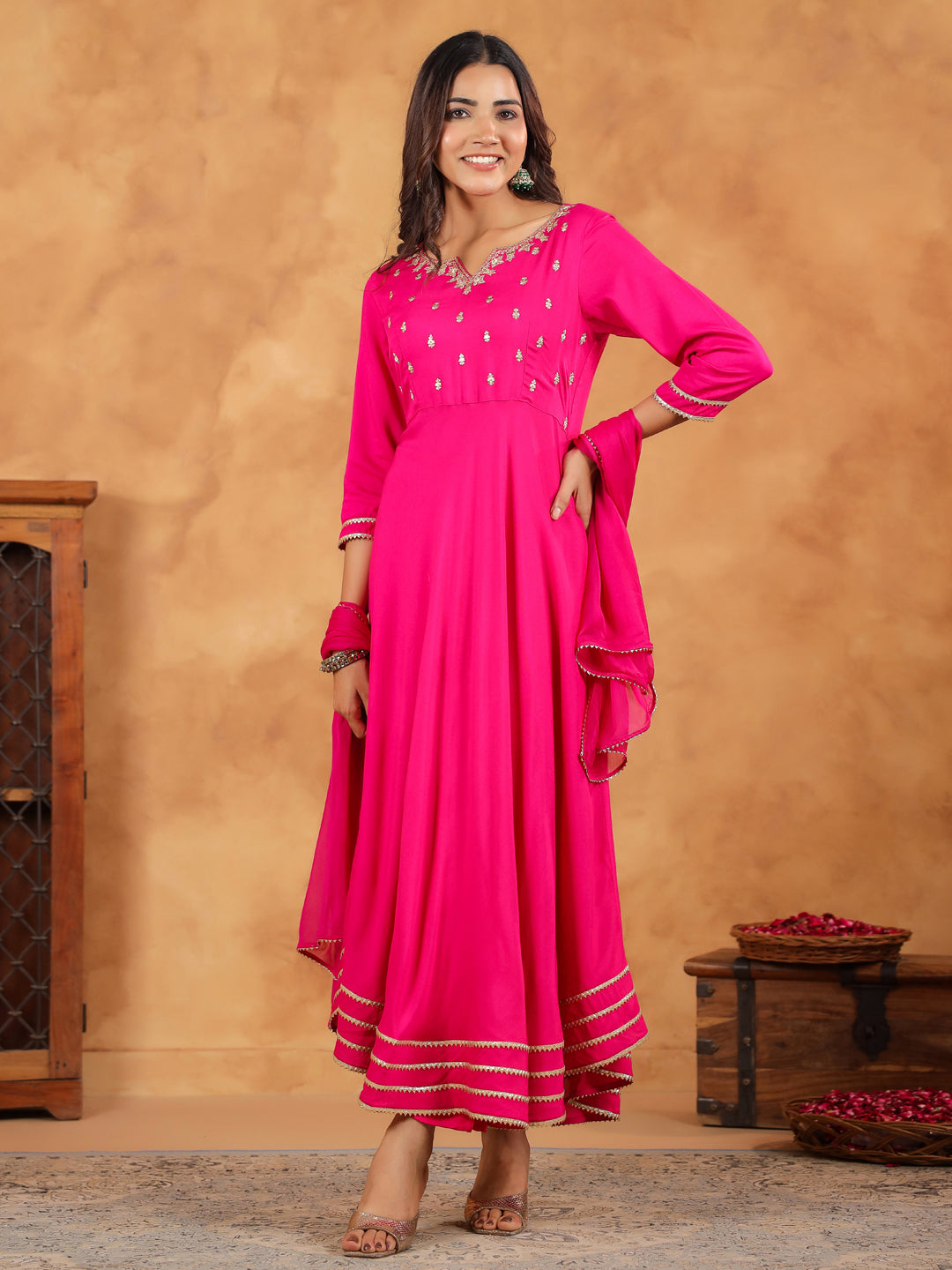 Janasya Dark Rayon Embroidered Anarkali Kurta Set | Swadesiicart