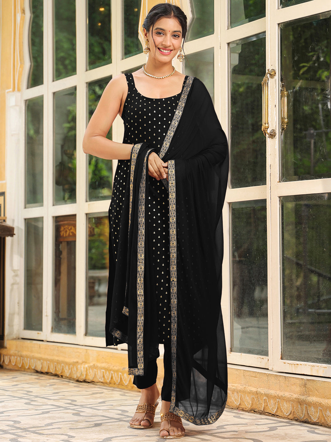 Janasya Dark Rayon Foil Print Straight Kurta Set | Swadesiicart