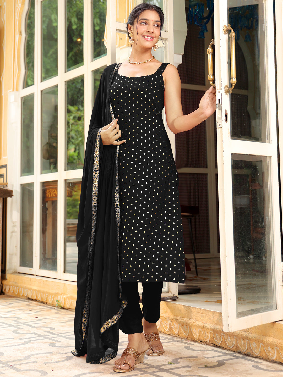 Janasya Dark Rayon Foil Print Straight Kurta Set | Swadesiicart