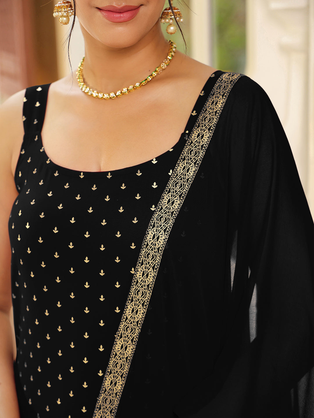 Janasya Dark Rayon Foil Print Straight Kurta Set | Swadesiicart