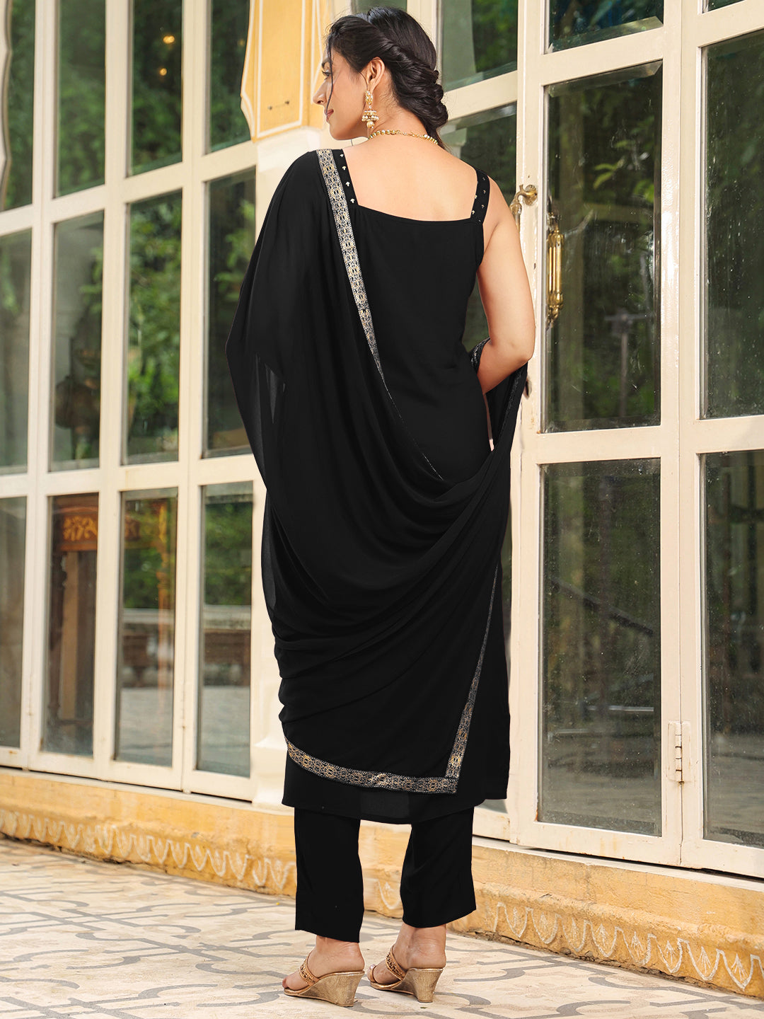 Janasya Dark Rayon Foil Print Straight Kurta Set | Swadesiicart
