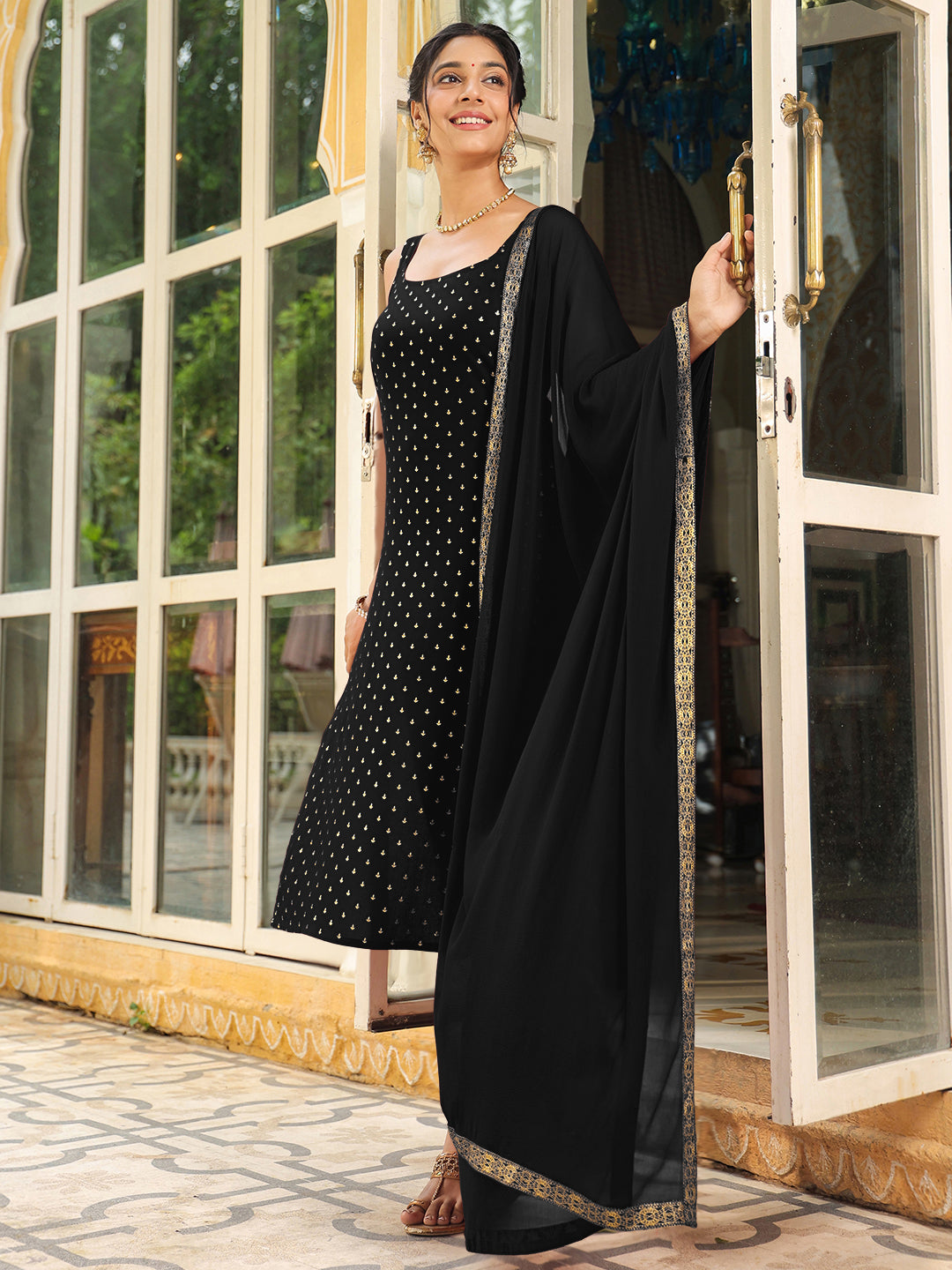 Janasya Dark Rayon Foil Print Straight Kurta Set | Swadesiicart