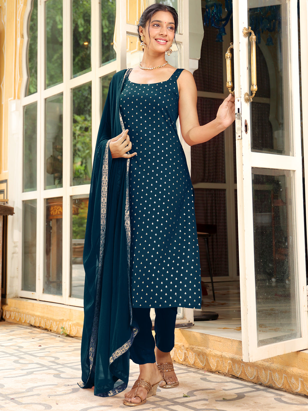 Janasya Dark Rayon Foil Print Straight Kurta Set | Swadesiicart