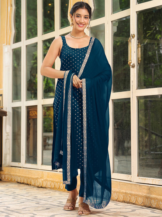 Janasya Dark Rayon Foil Print Straight Kurta Set | Swadesiicart