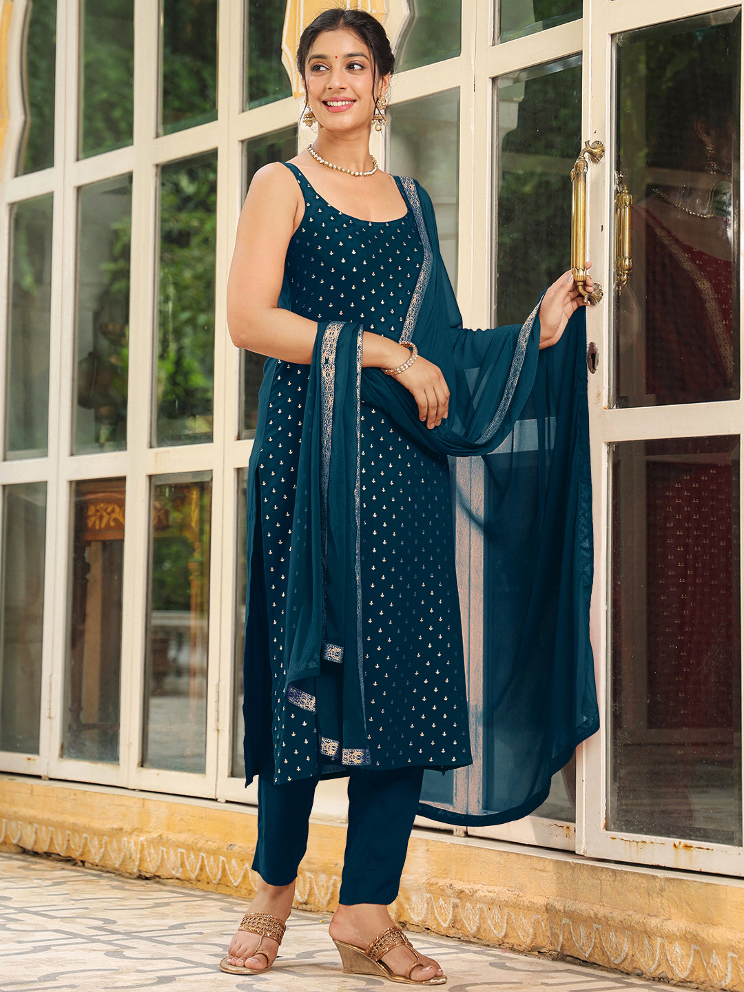 Janasya Dark Rayon Foil Print Straight Kurta Set | Swadesiicart