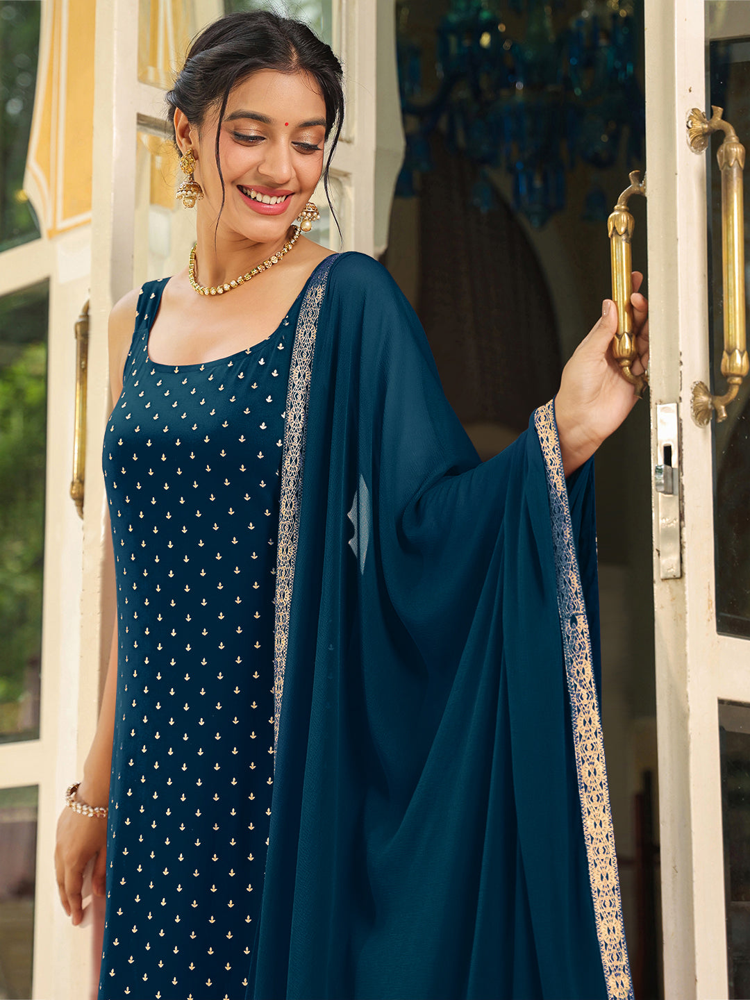 Janasya Dark Rayon Foil Print Straight Kurta Set | Swadesiicart