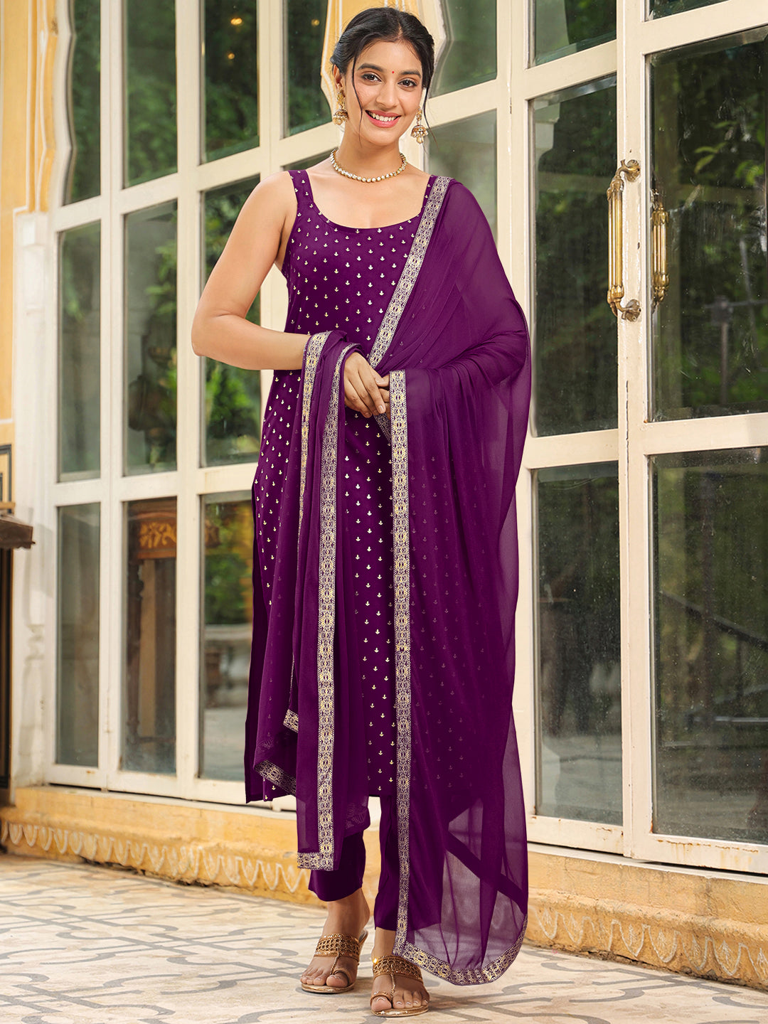 Janasya Dark Rayon Foil Print Straight Kurta Set | Swadesiicart