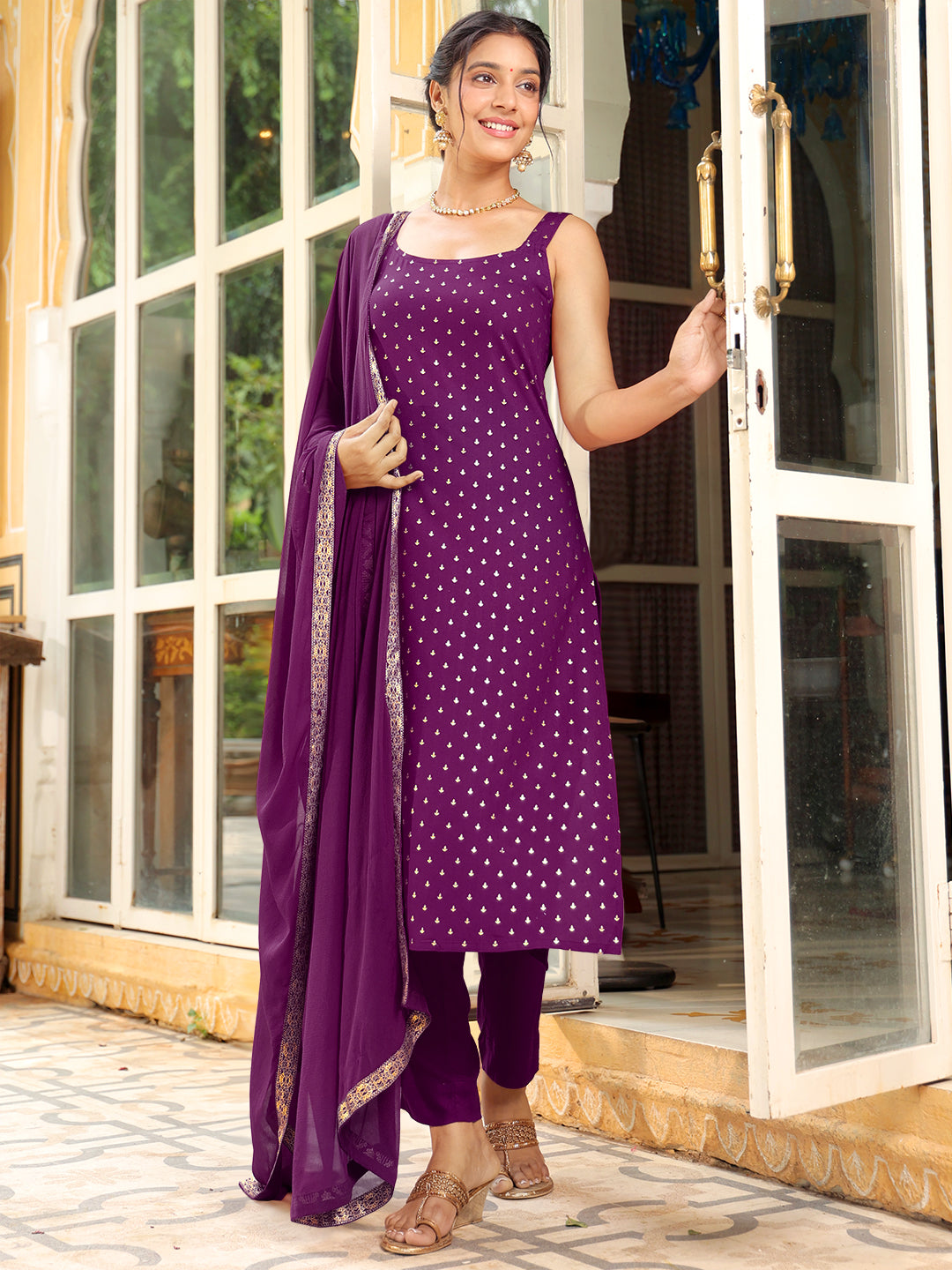 Janasya Dark Rayon Foil Print Straight Kurta Set | Swadesiicart